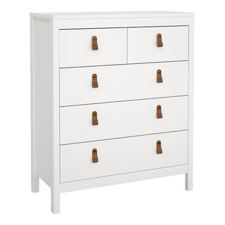 The CHOICEWARDROBE Butler White Wooden Bedroom Set features a 4 drawer chest with brown leather handles, simple rectangular design, and comes as a 3 piece collection including a 3 door wardrobe and 2 drawer bedside cabinet.