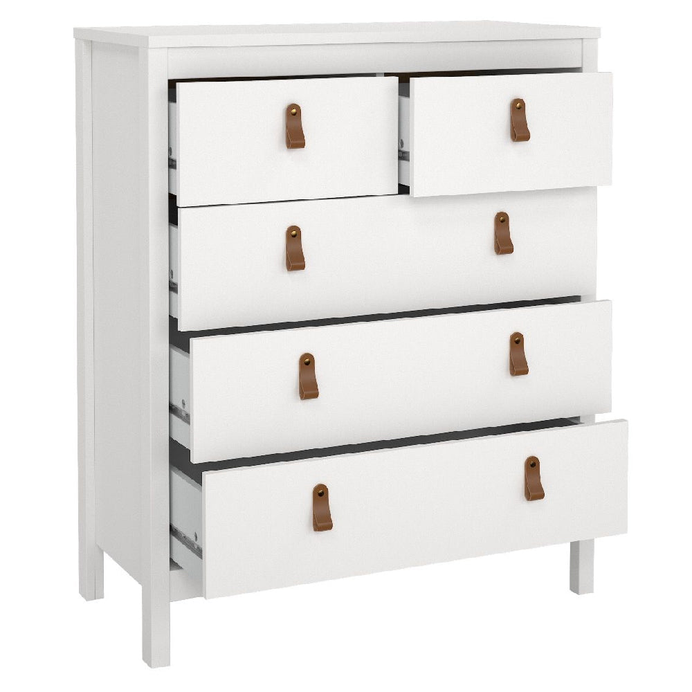 CHOICEWARDROBE Butler white wooden chest of drawers with brown leather handles.