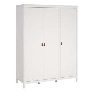 The CHOICEWARDROBE Butler White Wooden Bedroom Set includes a 3-door wardrobe with leather handles, a 4-drawer chest, and a 2-drawer bedside cabinet. Its smooth, unadorned finish and short legs add modern minimalist appeal.