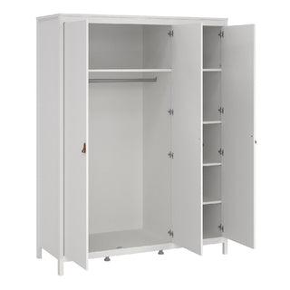 The CHOICEWARDROBE Butler White Wooden Bedroom Set features a 3 door wardrobe with spacious hanging and shelving, paired with a 4 drawer chest and 2 drawer bedside cabinet. Simple white design with leather handles for a modern, minimal look.