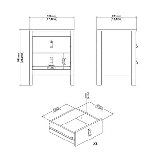 Technical line drawing of the CHOICEWARDROBE Butler White Wooden Bedroom Set’s 2 drawer bedside cabinet, in white wood, 436mm W x 384mm D x 541mm H, with labeled measurements in mm/inches; separate drawer dimensions are also shown.