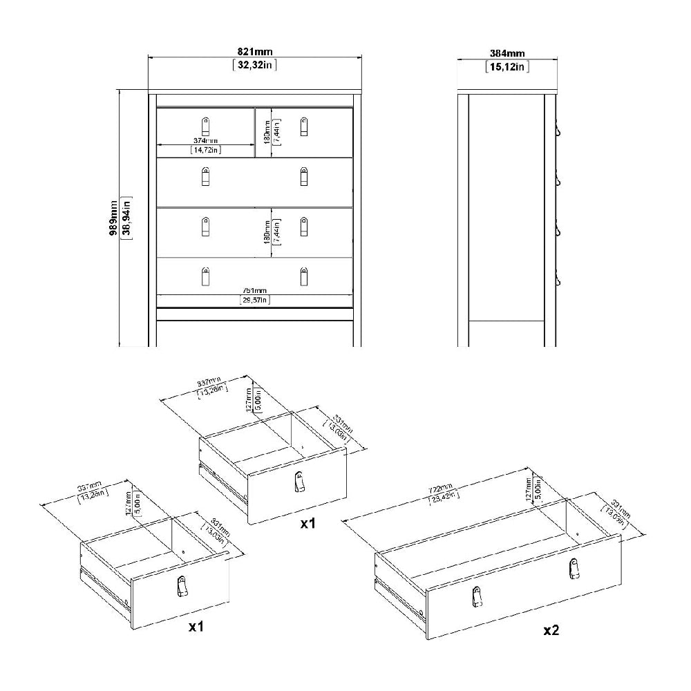 White wood 4-drawer chest & 2-drawer bedside cabinet technical drawing with dimensions and assembly
