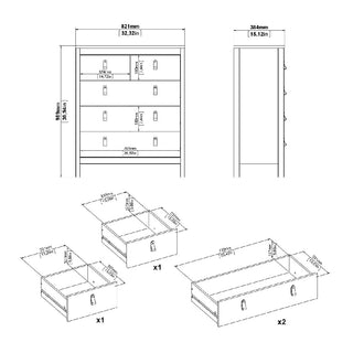 Technical drawing of CHOICEWARDROBE Butler White Wooden Bedroom Set—3 Door Wardrobe, 4 Drawer Chest & 2 Drawer Bedside Cabinet with leather handles—shows front/side views, labeled dimensions, and assembly instructions for drawers.