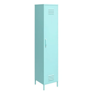 The CHOICEWARDROBE Caches Metal Locker Wardrobe is a single-door steel storage cabinet in spearmint finish, featuring a vented door, handle, and four straight legs, standing alone against a white background.