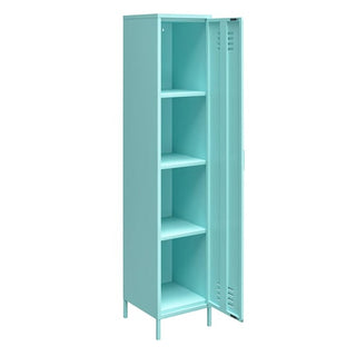 The CHOICEWARDROBE Caches Metal Locker Wardrobe is a tall, narrow powder-coated steel cabinet in spearmint, with one door, four interior shelves, ventilation slots, and stands on four legs.