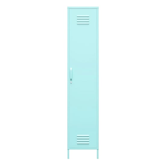 Spearmint green metal locker wardrobe with one door, ventilation slats, and handle.
