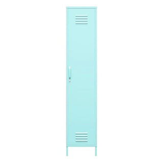 The CHOICEWARDROBE Caches Metal Locker Wardrobe is a tall, narrow spearmint powder-coated steel cabinet with one door, ventilation slats at the top and bottom, a handle, and stands on four legs.