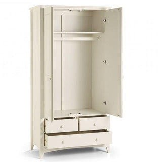 The CHOICEWARDROBE Caelia Combi Wardrobe (94cm) features a classic white finish, two doors revealing a hanging rail and shelf, plus three spacious drawers below—all in timeless shaker style and solid construction on short legs.