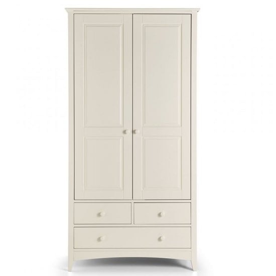 Classic white 2 door, 3 drawer combi wardrobe with shaker style panels and round knobs.