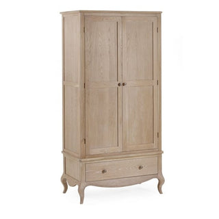The CHOICEWARDROBE Caitlyn Wooden Wardrobe features a classic French-style design with two doors, a pull-out drawer, elegant curved legs, a natural oak finish, solid wood frame, hanging rail, and antique handles.