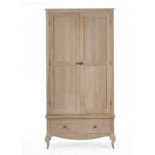 The CHOICEWARDROBE Caitlyn Wooden Wardrobe features a classic French-style design with two paneled doors, an oak finish, a single bottom drawer, elegant curved legs, solid wood frame, hanging rail, and antique metal handles.