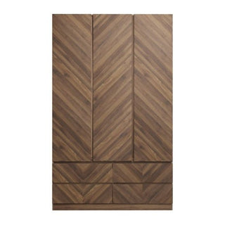 The CHOICEWARDROBE Calder 3 Door Wardrobe features a royal walnut chevron finish, three vertical doors, and four drawers below for ample bedroom storage, shown against a white background.
