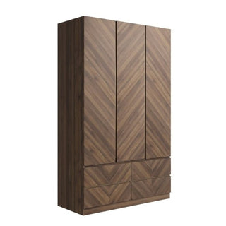 The CHOICEWARDROBE Calder 3 Door Wardrobe features a tall, rectangular design with a royal walnut chevron finish and six lower drawers, providing elegant and spacious bedroom storage in a rich dark brown hue.