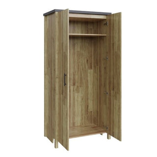 The CHOICEWARDROBE Calgary Rustic Oak 2 Door Wardrobe, with modern farmhouse style and graphite trim, opens to reveal an empty interior with a single top shelf and a hanging rod below.