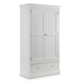 The CHOICEWARDROBE Calida 2 Door Wooden Wardrobe in lacquer white features elegant panel detailing, a deep bottom drawer, and a classic design—offering spacious bedroom storage in a 110cm-wide frame.