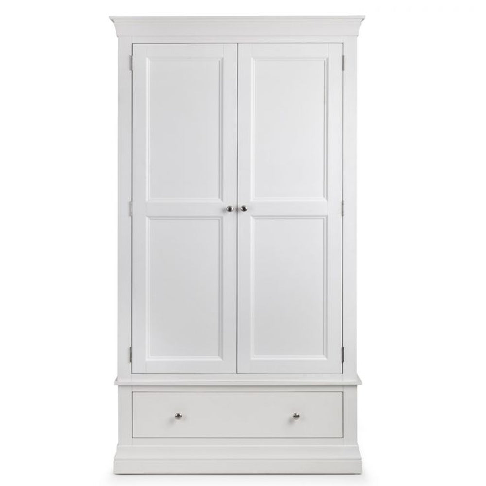 White 2-door wooden wardrobe with panel detailing and one deep drawer.