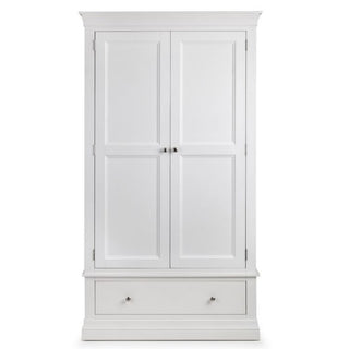 The CHOICEWARDROBE Calida 2 Door Wooden Wardrobe in a lacquer white finish features classic panel detailing and a deep bottom drawer, combining elegant design and practical bedroom storage in a 110cm-wide unit.