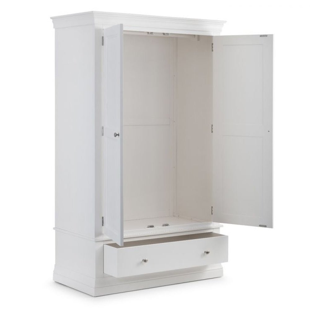 White wooden wardrobe with two open doors and a visible drawer