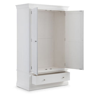 The CHOICEWARDROBE Calida 2 Door Wooden Wardrobe in lacquer white offers a classic design with elegant panel detailing, two open doors, and a deep lower drawer—perfect for stylish and practical bedroom storage (110cm width).