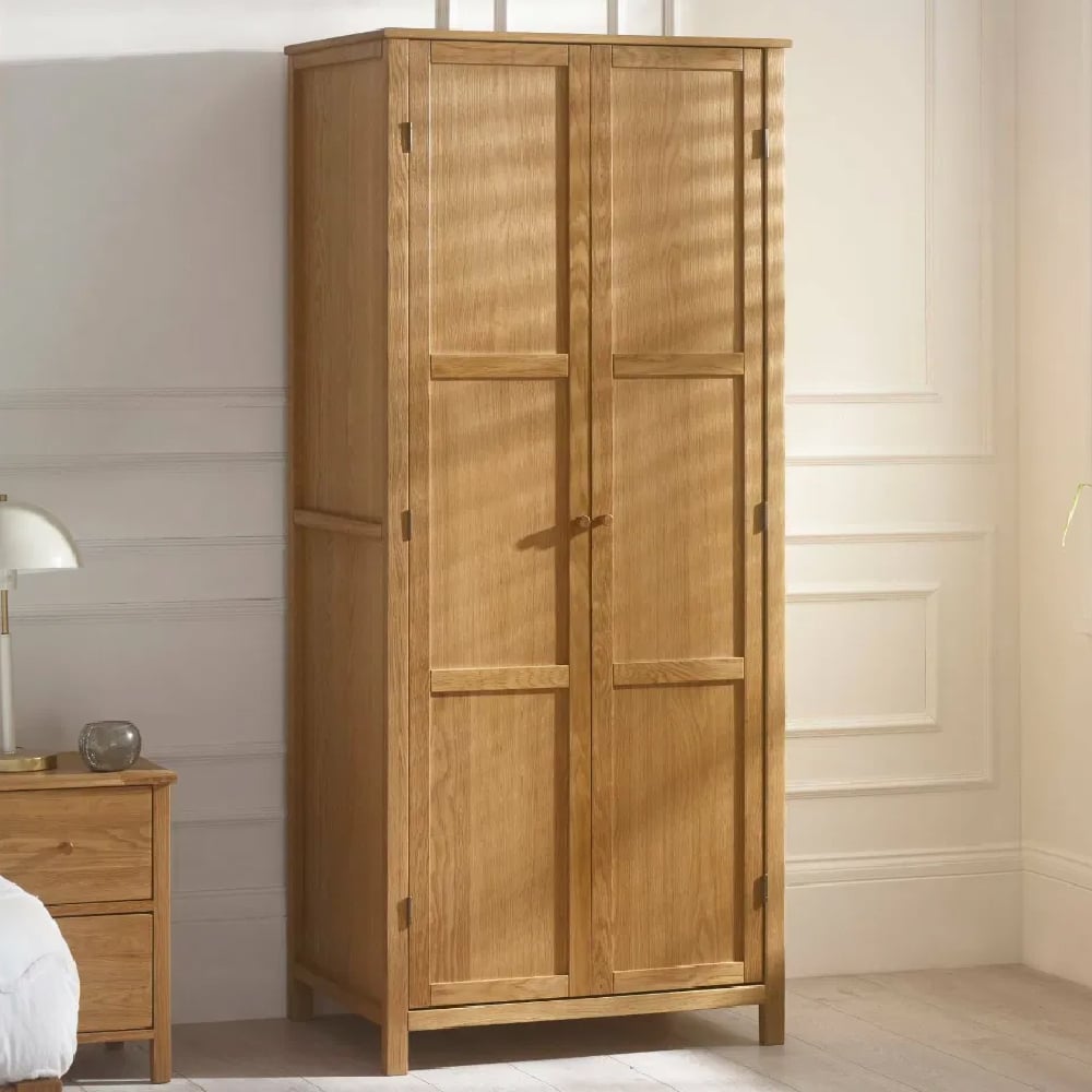 CHOICEWARDROBE Calliope 2 door wardrobe, natural oak finish, solid wood with hanging rail and shelf.