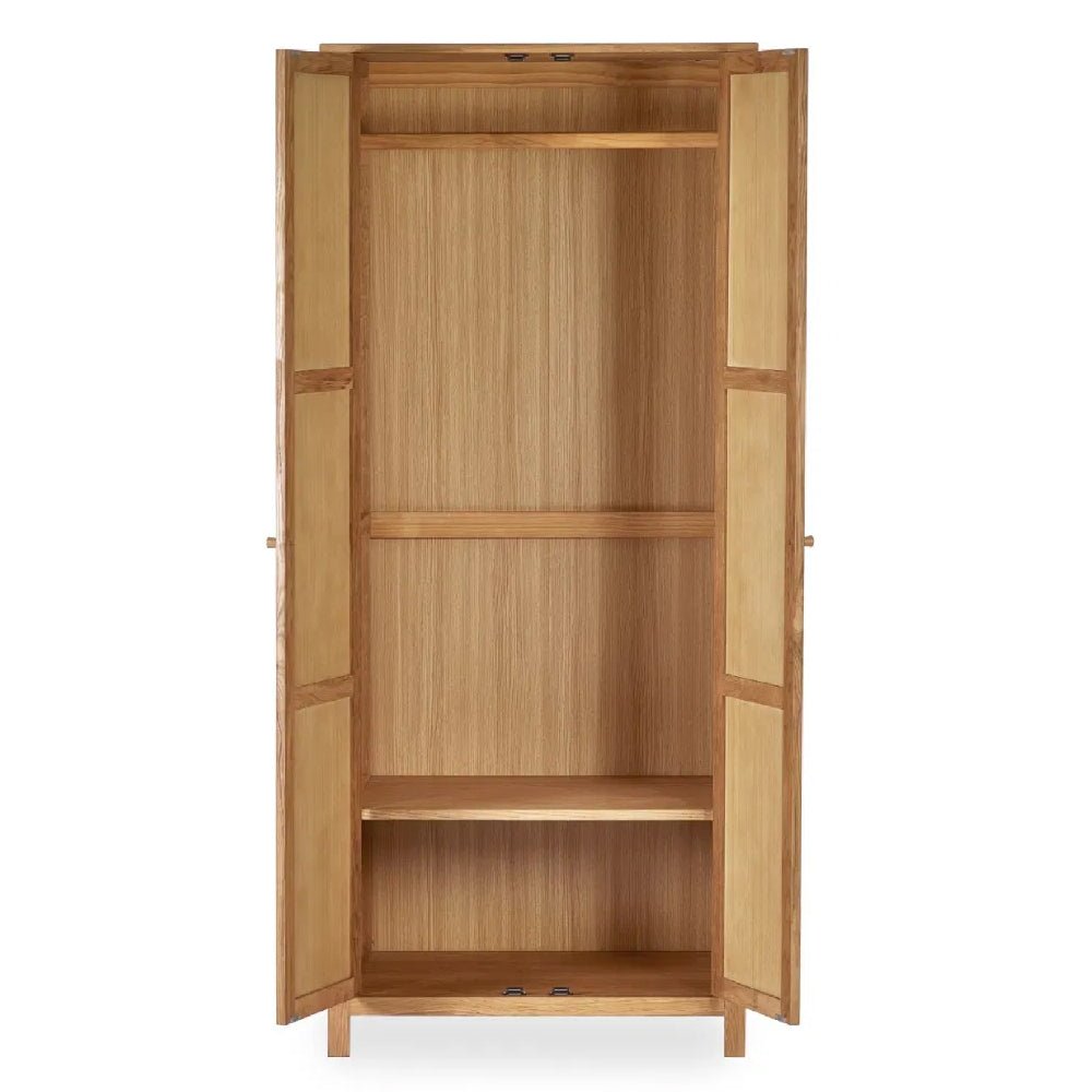 CHOICEWARDROBE Calliope 80cm 2 door solid wood wardrobe, natural oak finish, interior view with shelf and hanging rail.