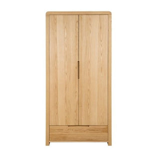 The CHOICEWARDROBE Camber Wooden Wardrobe is a 93cm, 2-door wardrobe in waxed oak with a solid white oak build, visible wood grain, modern design, and a single bottom drawer for stylish bedroom storage.