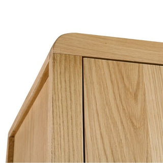 Close-up of the CHOICEWARDROBE Camber Wooden Wardrobe – a 2 Door 93cm wardrobe in waxed oak. Crafted from solid white oak with a natural finish, it features smooth grain, clean edges, and handy drawer storage—ideal for modern bedroom organization.