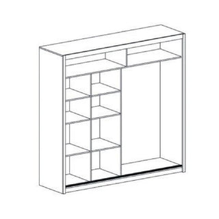 Black and white line drawing of the CHOICEWARDROBE Capri White Sliding 2 Door Wardrobe (203cm) in a matt finish, featuring a mirror, storage shelves on the left, hanging space on the right, and two top horizontal compartments.