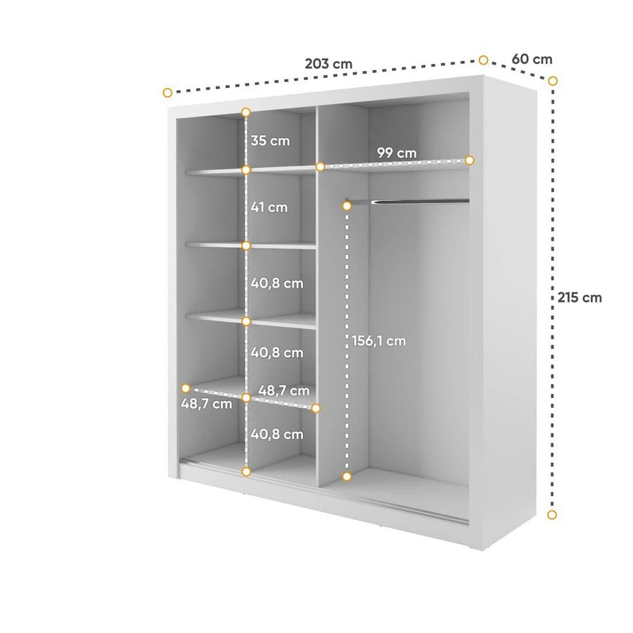 CHOICEWARDROBE Capri 203cm white sliding wardrobe with mirrored door and internal shelves