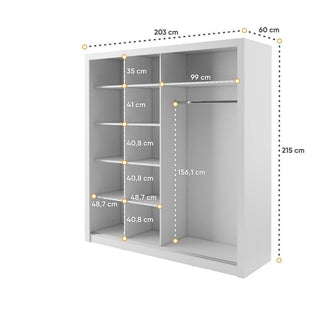 The CHOICEWARDROBE Capri White Sliding 2 Door Wardrobe (203cm) is shown in matt finish with mirror and storage shelves, labeled dimensions: 203 cm wide, 215 cm tall, and 60 cm deep. Shelves and hanging space are measured in centimeters.