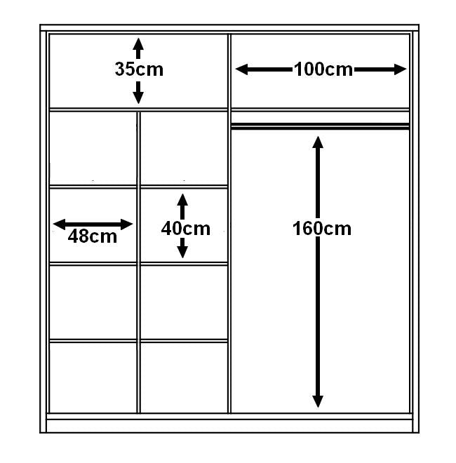 Diagram of CHOICEWARDROBE Capri white sliding wardrobe showing 2 doors, 35cm top left shelf, 100cm top right width, 48cm left width, 40cm shelf height, and 160cm hanging space.