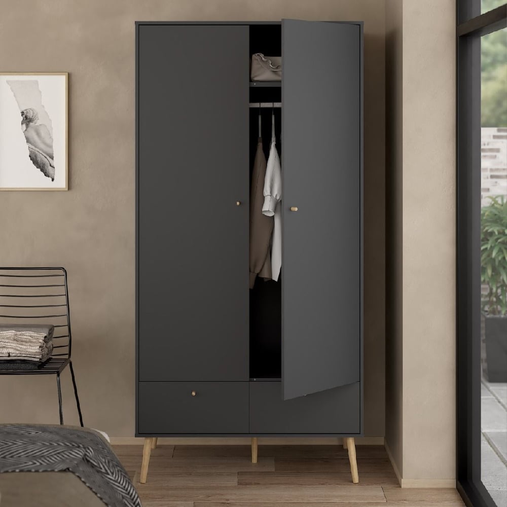 Dark grey wardrobe with 2 doors (one open) and 2 drawers, featuring oak legs.