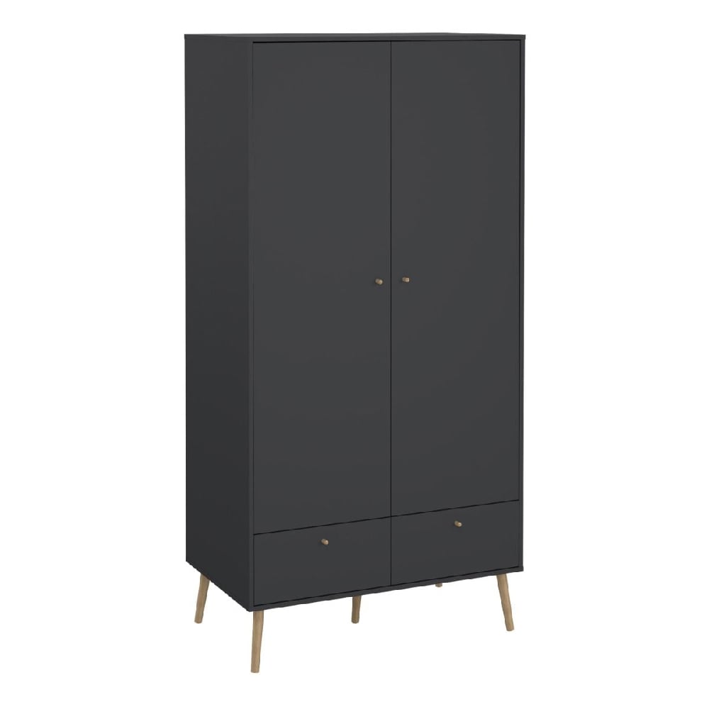 Dark grey Scandinavian-style wardrobe with 2 doors, 2 drawers, and oak legs