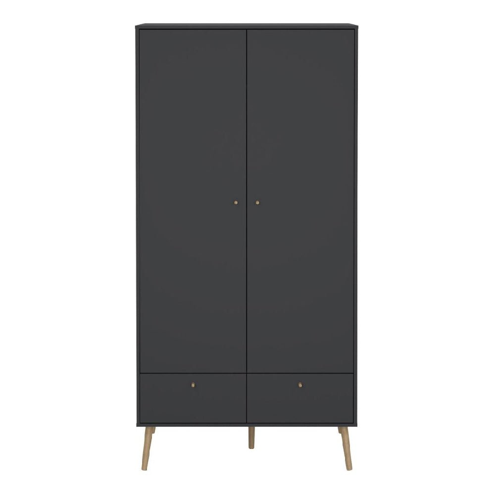 Dark grey Scandinavian-style wardrobe with 2 doors, 2 drawers, and oak legs