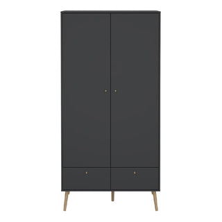 The CHOICEWARDROBE Casey Wooden Wardrobe features 2 doors, 2 drawers, brass handles, and oak legs in a dark grey Scandinavian-style design (99cm wide), making it a sleek addition to Furniture in Fashion collections.