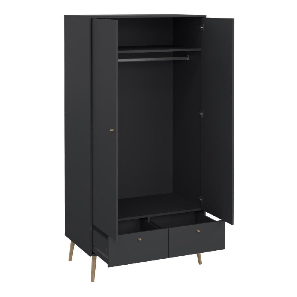 Dark grey CHOICEWARDROBE Casey wardrobe with 2 doors, 2 drawers, internal hanging rail and shelf, oak legs.