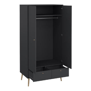 The CHOICEWARDROBE Casey Wooden Wardrobe in dark grey offers two doors, two drawers, a hanging rod, and an upper shelf. This Scandinavian-style piece features oak legs and brass handles for a modern look. Width: 99cm.