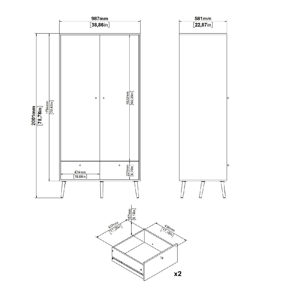 Technical drawing of a dark grey wardrobe with two doors and two drawers, showing front and side elevations with dimensions.