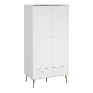 The CHOICEWARDROBE Casey Wooden Wardrobe features 2 doors and 2 drawers in white, Scandinavian design with oak legs—ideal for modern bedrooms and apartments. Discover compact, stylish storage from Furniture in Fashion.