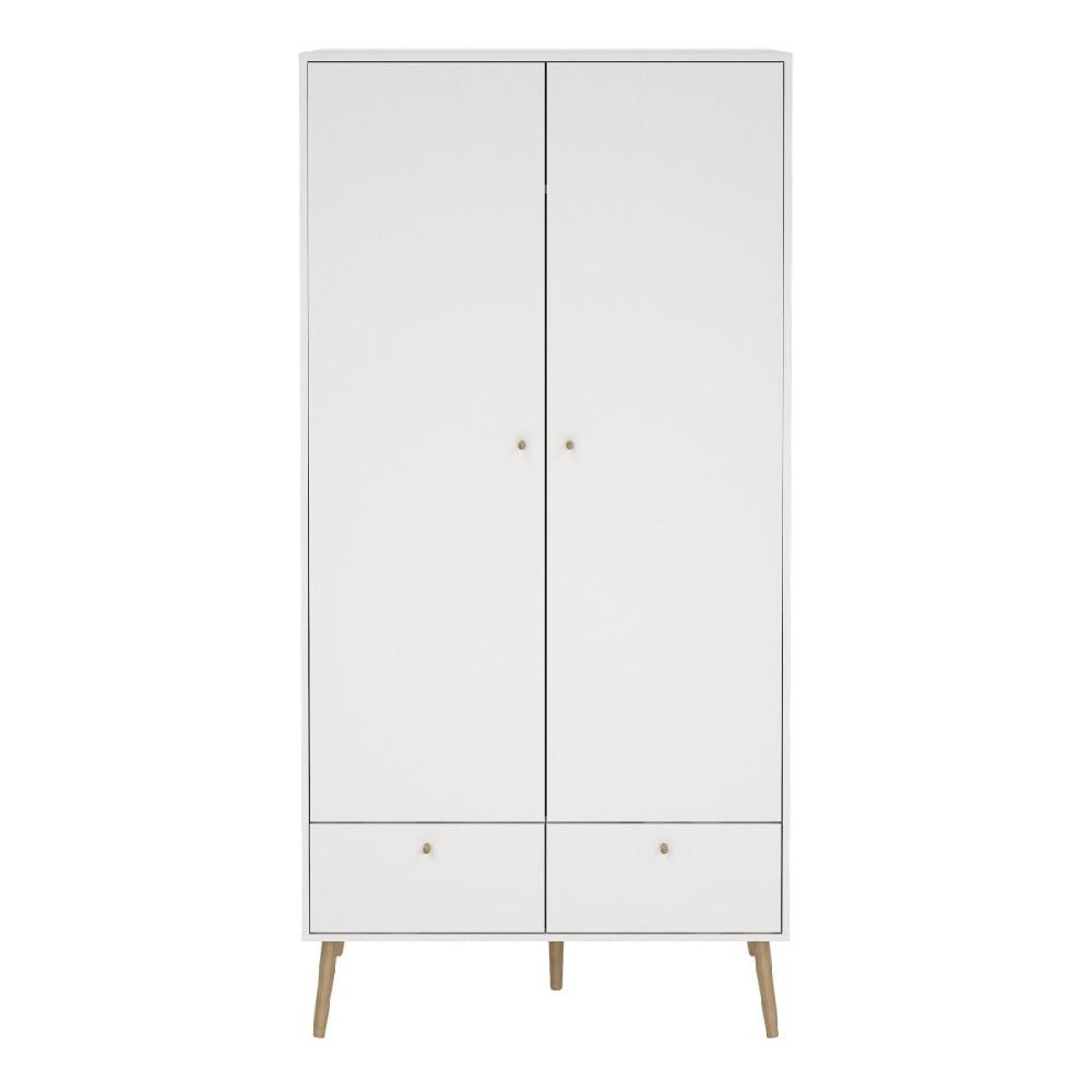 White CHOICEWARDROBE Casey wooden wardrobe with 2 doors, 2 drawers, and natural oak legs.