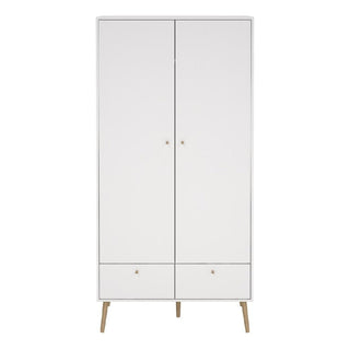 The CHOICEWARDROBE Casey Wooden Wardrobe features 2 doors, 2 drawers, and oak legs in a modern Scandinavian design. Its compact white build is perfect for bedrooms and apartments.