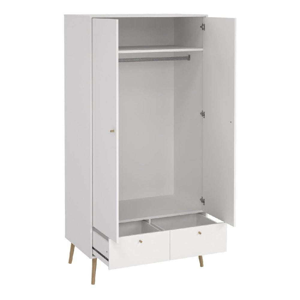 White 2-door, 2-drawer wardrobe with oak legs and hanging rail