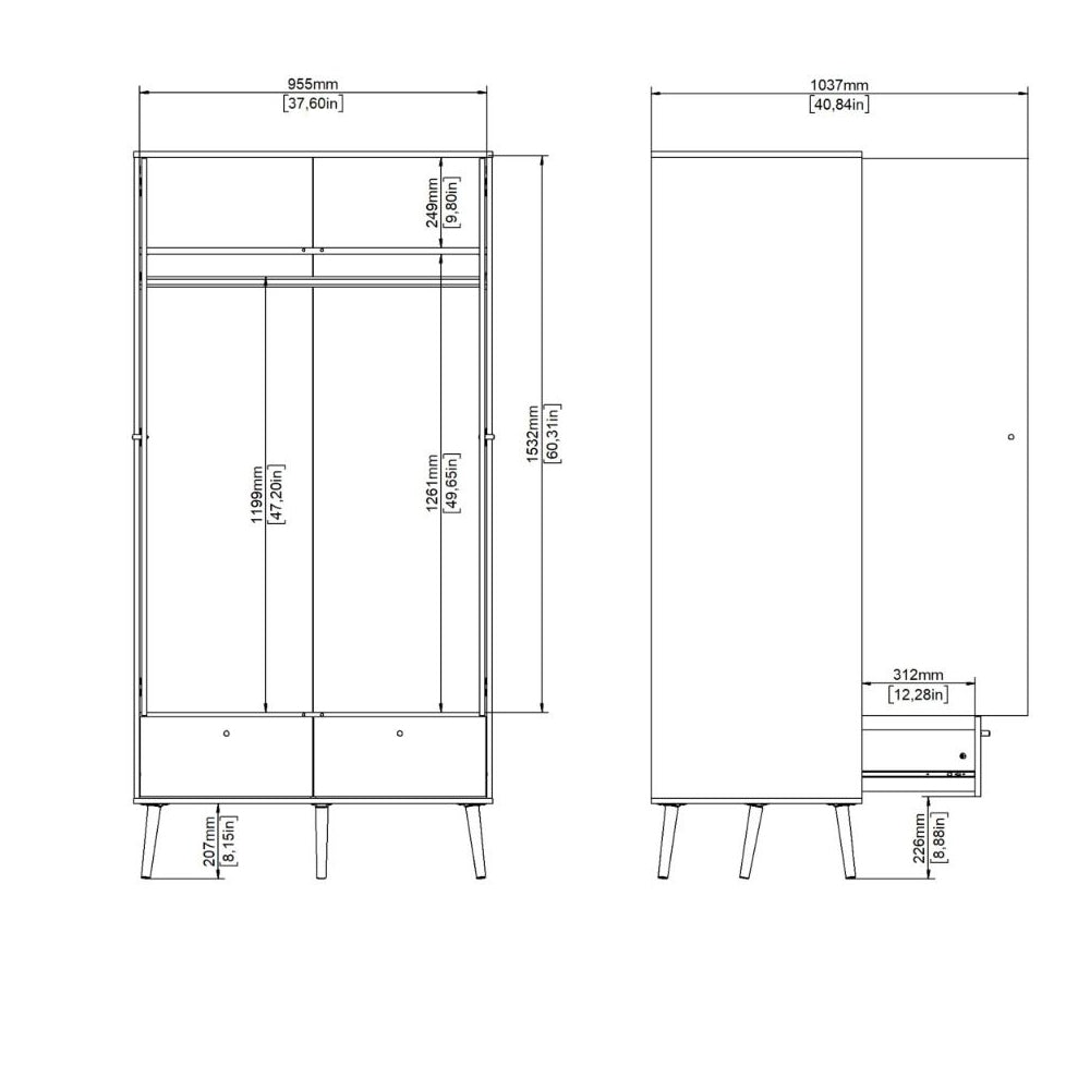 Technical drawing of CHOICEWARDROBE Casey white 2-door, 2-drawer wardrobe with dimensions.