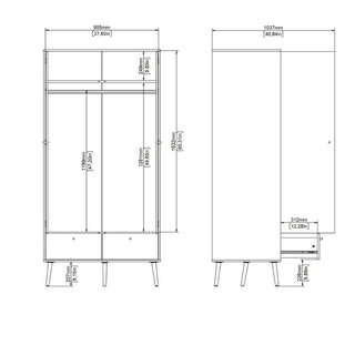 Black and white technical drawing of the CHOICEWARDROBE Casey Wooden Wardrobe – 2 Doors & 2 Drawers in White with oak legs, showing height, width, depth, and compartment sizes in mm/inches. Ideal for modern bedrooms and apartments.