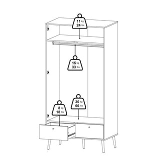 Line drawing of the CHOICEWARDROBE Casey Wooden Wardrobe in white with oak legs, labeled weight limits: top shelf 11kg, hanging rod 15kg, bottom shelf 8kg, main compartment 30kg. Two drawers are open at the bottom.