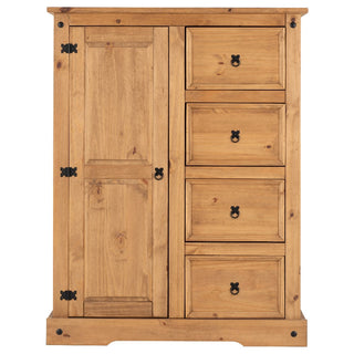 The CHOICEWARDROBE Central 1 Door 4 Drawer Solid Pine Wardrobe features rustic wooden storage, a classic country style finish, one tall left door and four right drawers with black metal handles—compact bedroom storage with decorative charm.