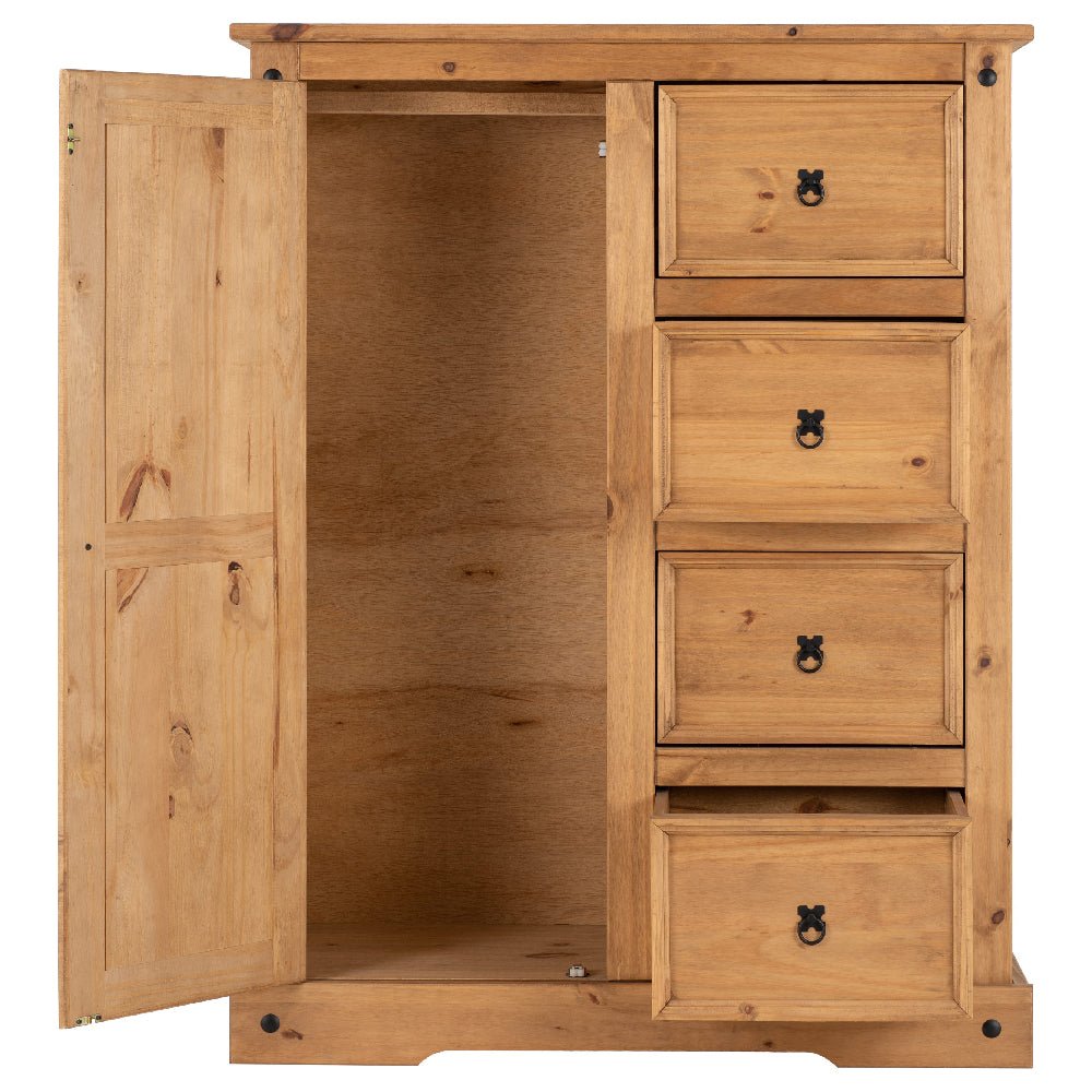 Pine wardrobe with one door, four drawers and black metal handles in rustic country style
