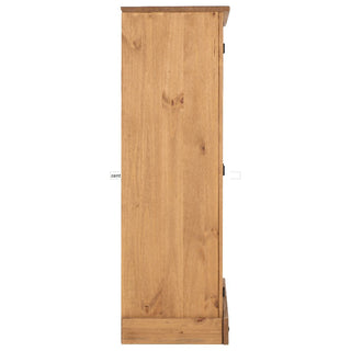 The CHOICEWARDROBE Central 1 Door 4 Drawer Solid Pine Wardrobe, shown side-on with a rustic wood grain finish and black metal handles, is perfect for compact bedroom storage in a classic country style.