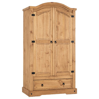 The CHOICEWARDROBE Central 2 Door 1 Drawer Wardrobe features a rustic oak solid wood design, traditional pine look, black metal hinges and handles, an arched top, and a lower pull-out drawer. Width: 103cm.