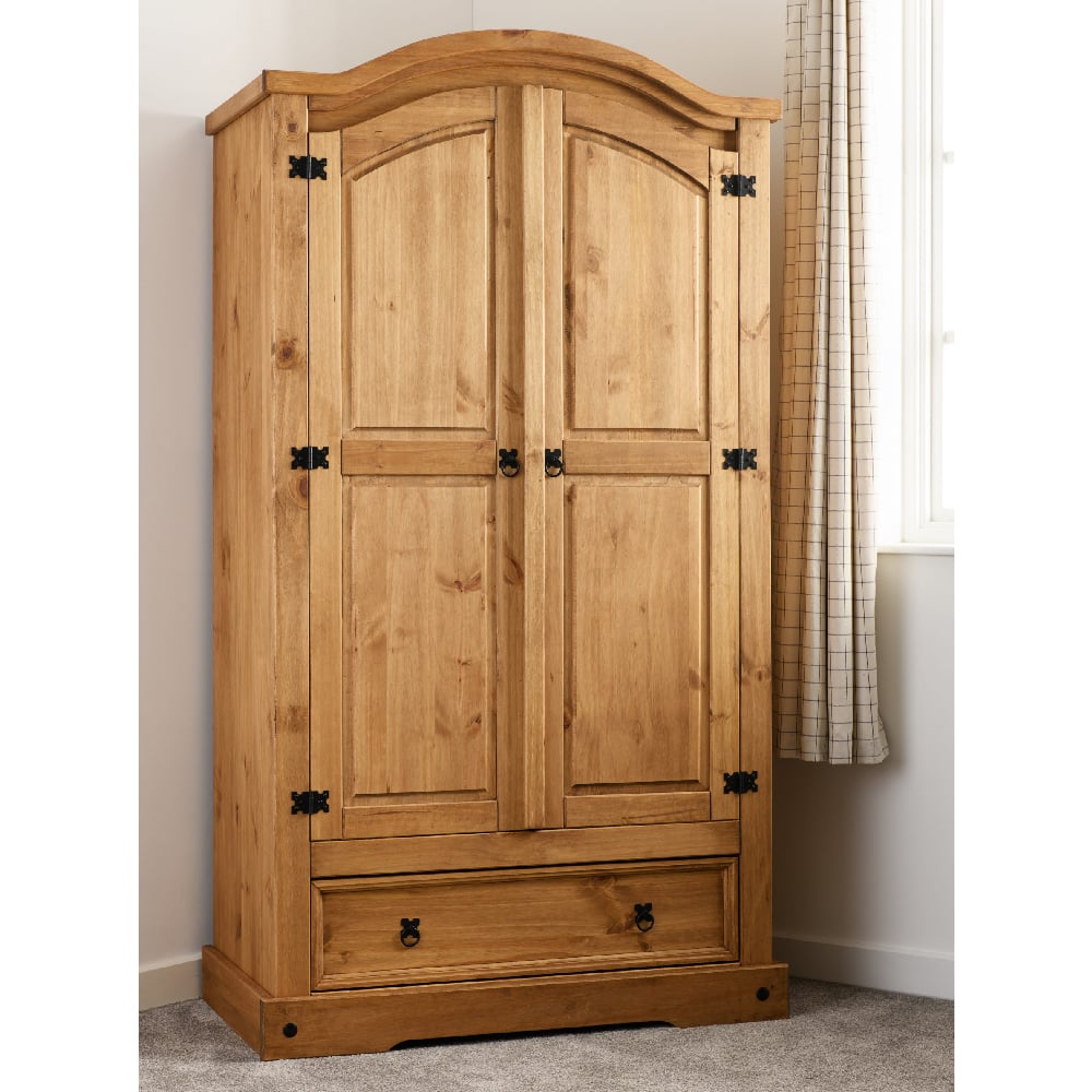 Rustic oak effect two-door wardrobe with one drawer and black metal hardware